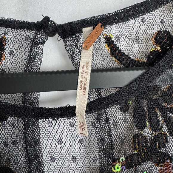 NWT Free People Black Sheer Ruffled Hem‎ Dress Green Gold Sequence Whimsigoth - Picture 4 of 12